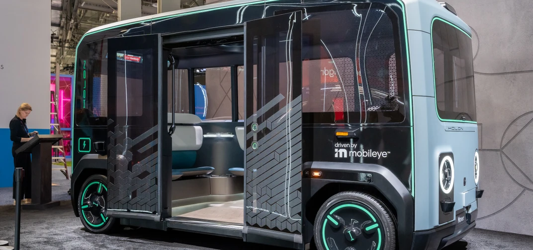 An autonomous Holon Mover, powered by Mobileye Drive, on display in Mobileye's booth at CES 2025