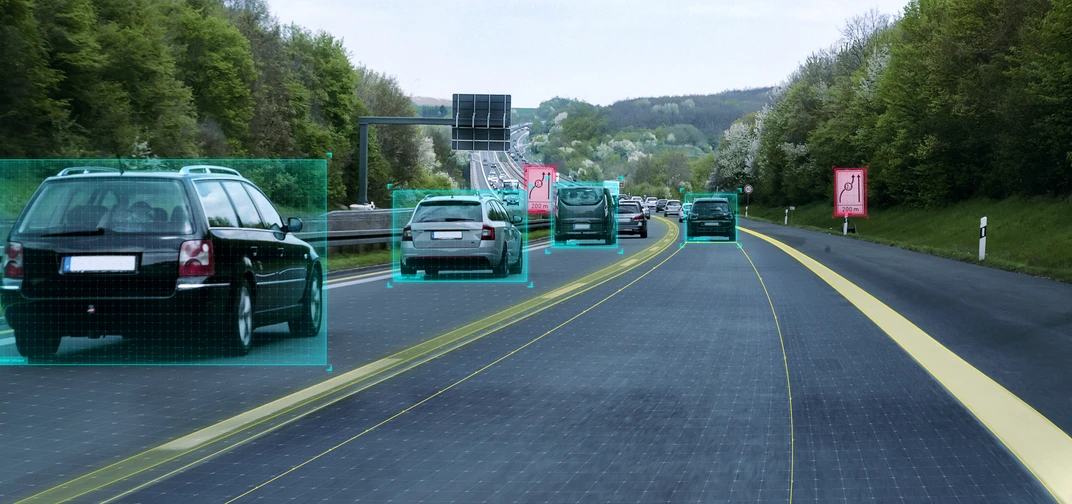 Mobileye computer vision detects and classifies objects around a vehicle on a European highway for ADAS applications.
