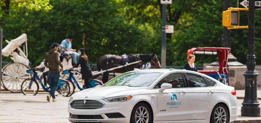 A self-driving vehicle from Mobileye’s autonomous test fleet navigates the streets of Manhattan around Central Park in June 2021.