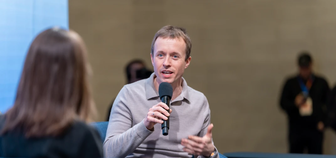 MOIA CEO Sascha Meyer speaking at the Mobileye booth