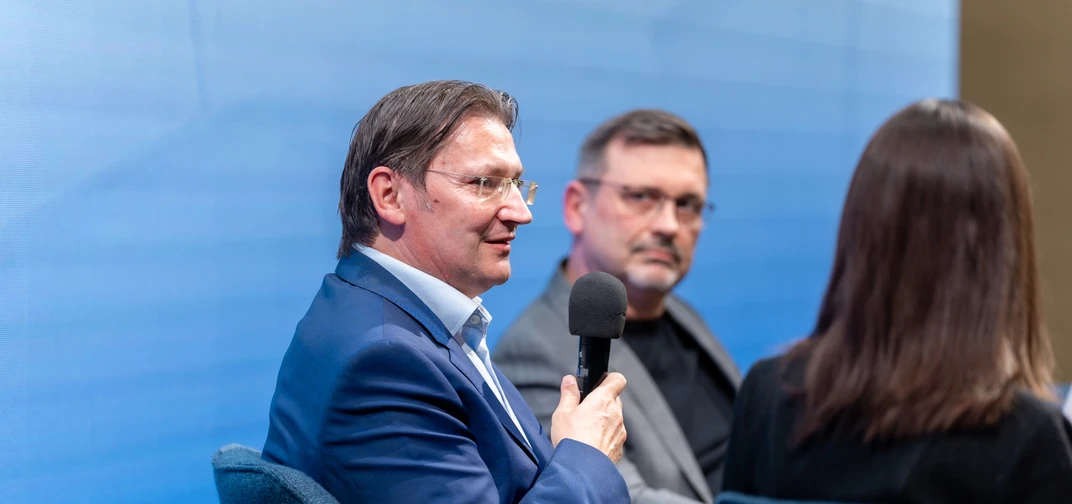 Mobileye EVP JJ Jungwiwrth speaking at the Mobileye booth