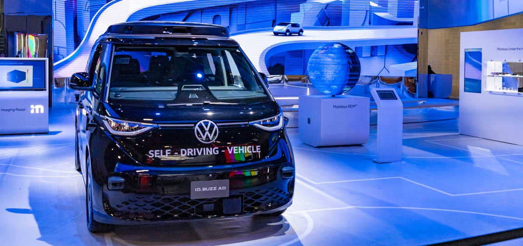 The all-electric Volkswagen ID. Buzz equipped with Mobileye Drive™️ self-driving technology on display at CES 2024