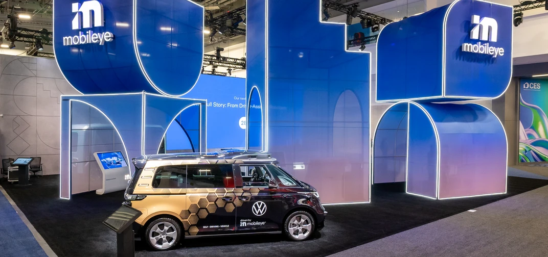 Mobileye's booth at CES 2025, featuring the autonomous Volkswagen ID.Buzz