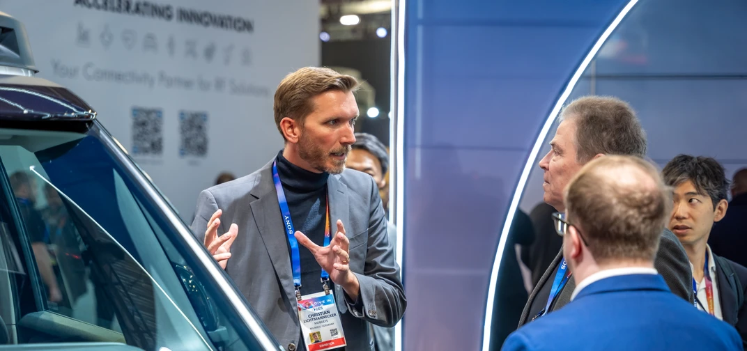Chris Lichtmannecker, Head of Business Development & Strategic Partnerships - Autonomous Mobility, Driverless Vehicles gives a tour of the Mobileye booth at CES 2025