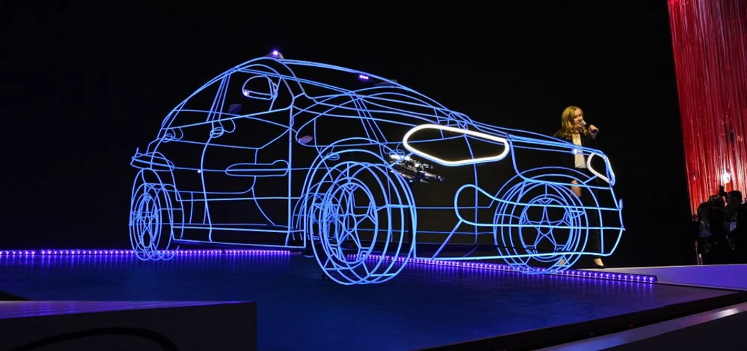 A wire-frame car highlights Mobileye self-driving technology in the company's booth at CES 2020 in Las Vegas. (Credit: Walden Kirsch/Intel Corporation)