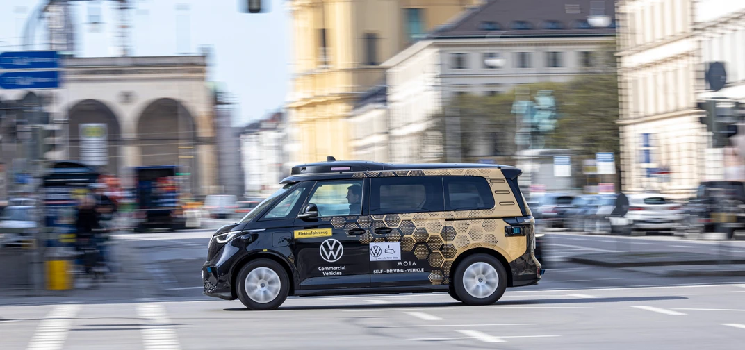 The all-electric Volkswagen ID. Buzz AV built on the Mobileye Drive™ autonomous platform in Munich, Germany where a pilot is underway.